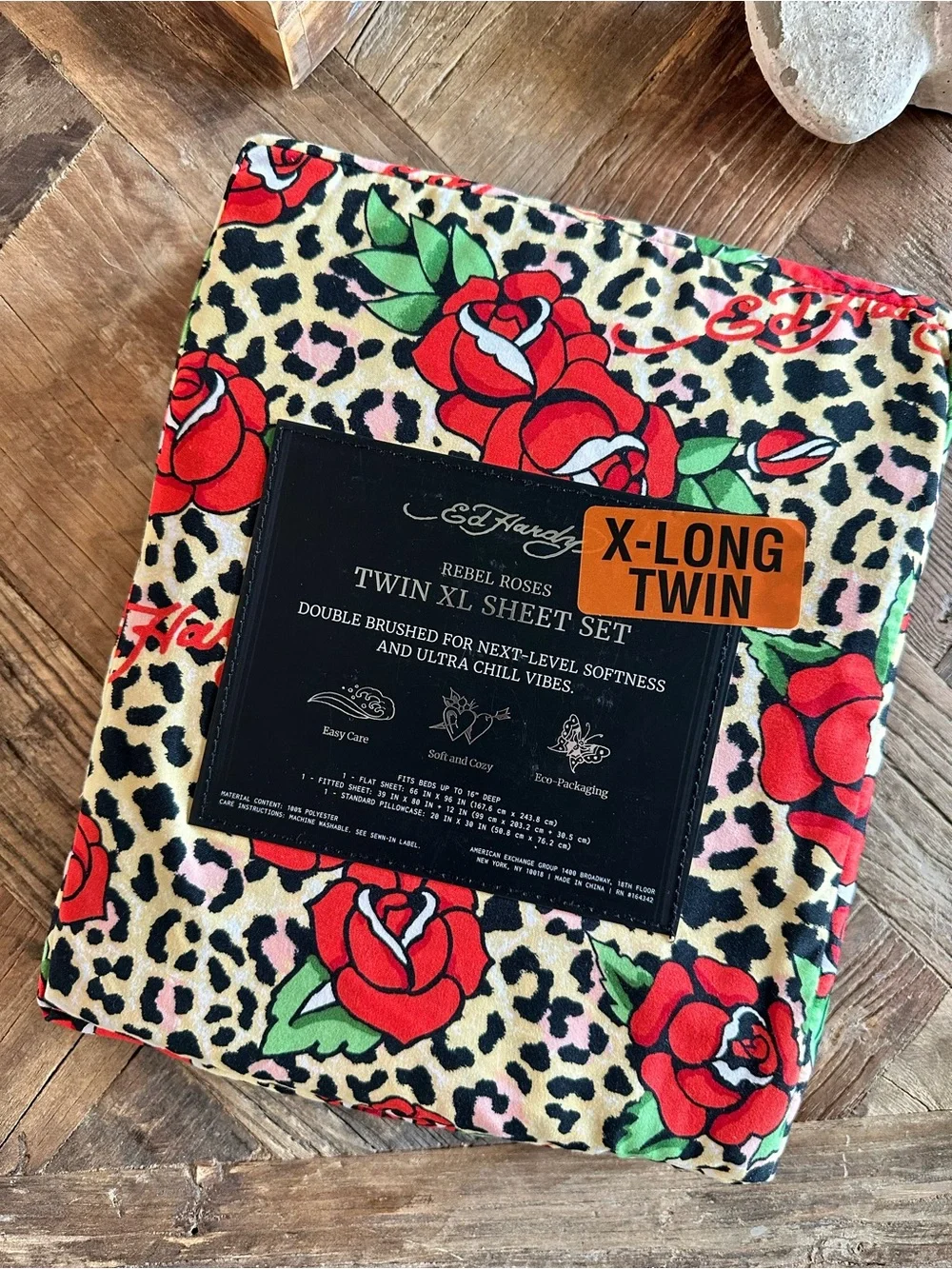 Ed Hardy Leopard & Rebel Rose Twin XL Sheet Set in Red, Green, Cream, Black